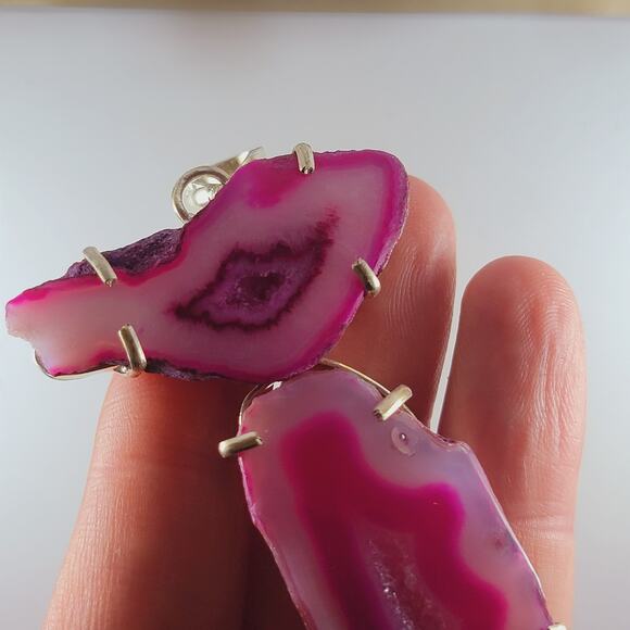 Pink Agate Geode Slice Sterling Silver Pendant 2.5" Eye Pattern Drop - Picture 9 of 10